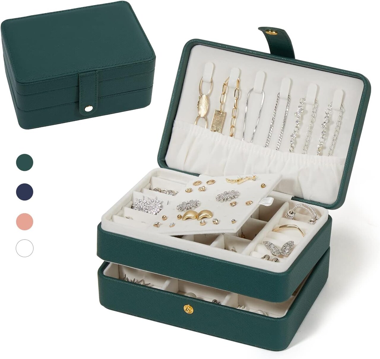 Compact Travel Jewelry Box for Women & Girls – 3-Layer PU Leather Jewelry Organizer with Adjustable Storage for Rings, Earrings, Necklaces & Bracelets, Portable Green Jewelry Case (Small)